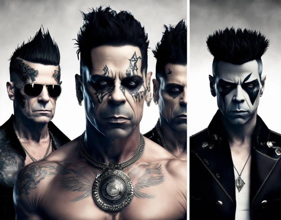 Three men with punk hairstyles and gothic makeup against grey backdrop