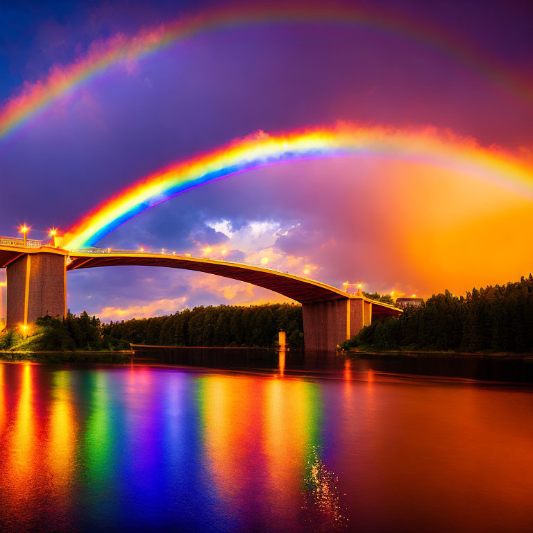 Double rainbow over illuminated bridge at twilight