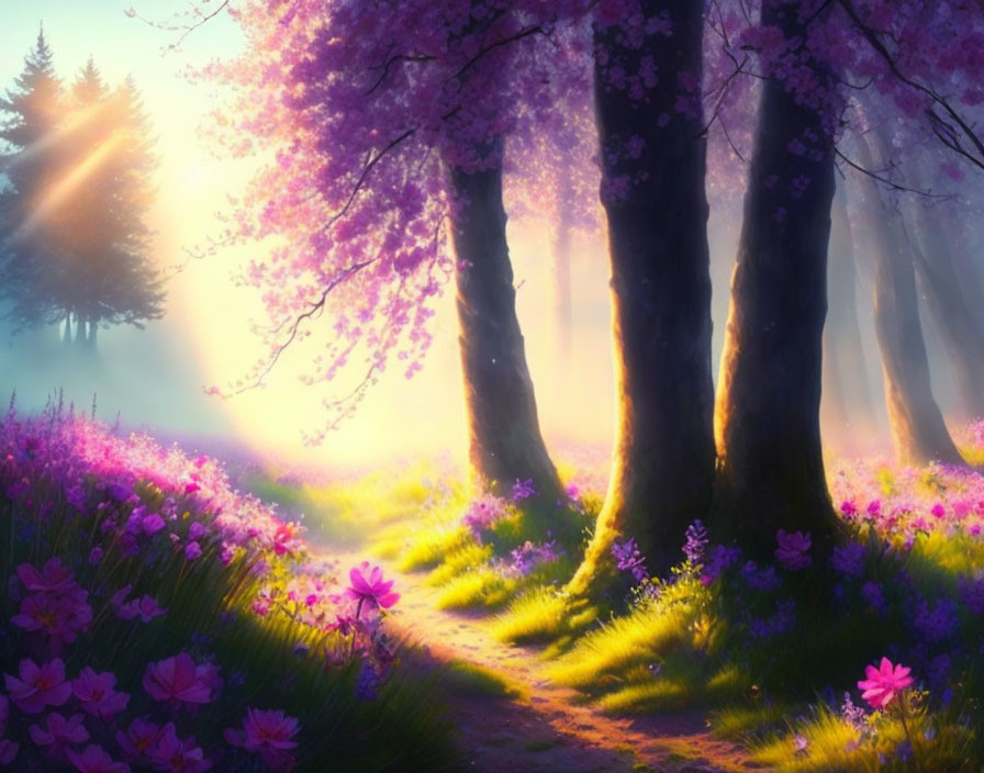 Pink blossoming trees and vibrant flowers in dreamy forest scene