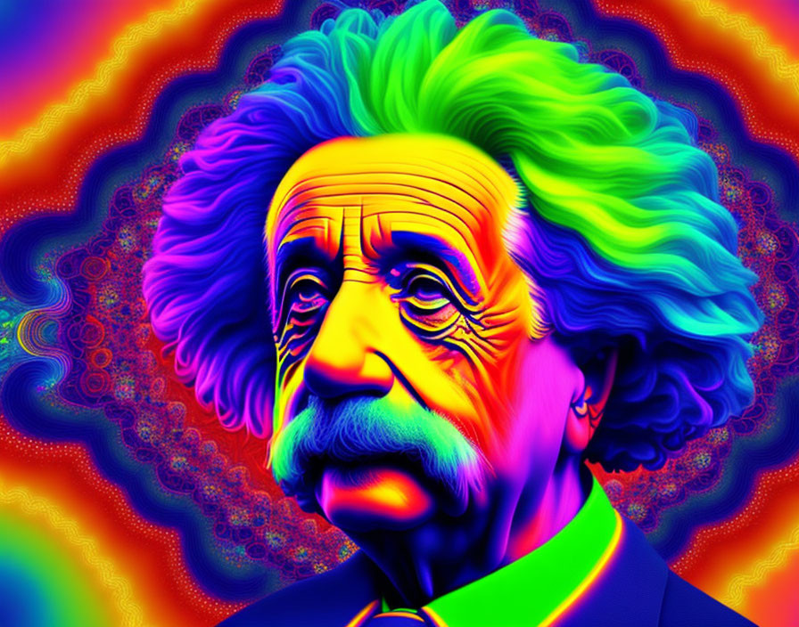 Colorful Psychedelic Portrait of Figure with Wild Hair and Mustache