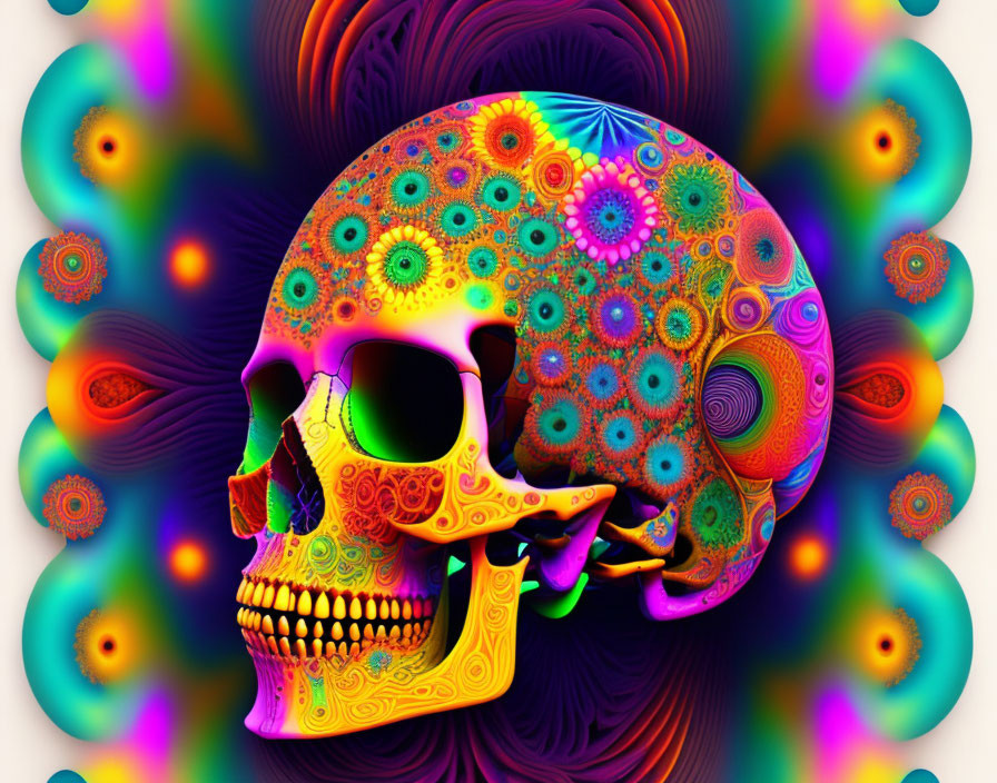 Colorful Psychedelic Pattern on Human Skull with Abstract Background