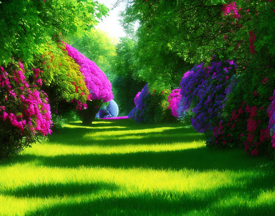 Lush Green Grass and Colorful Flowers in Sunlit Garden