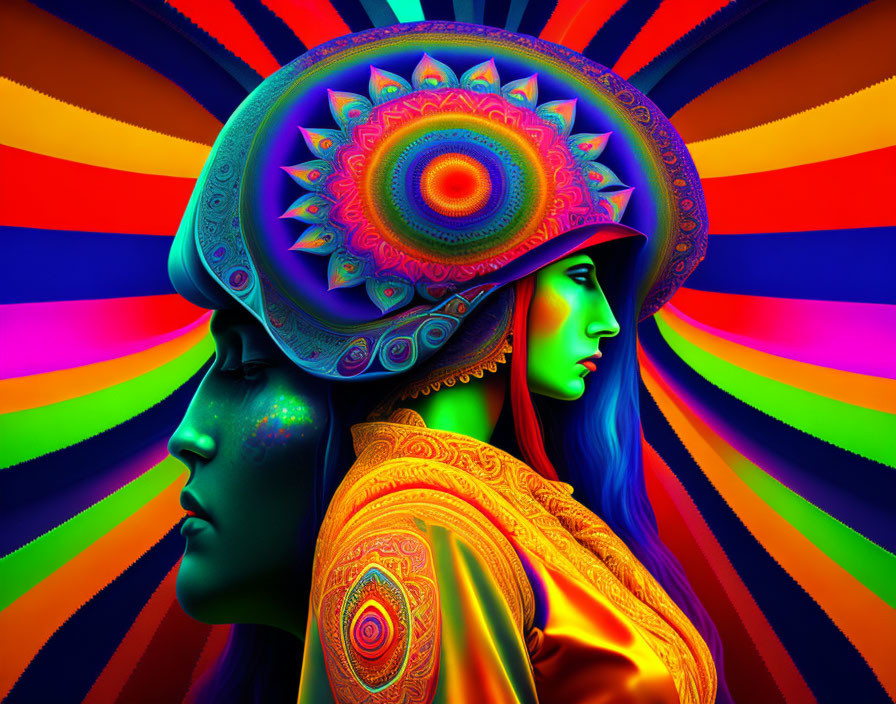 Colorful Psychedelic Artwork: Intricate Profiles & Vibrant Patterns