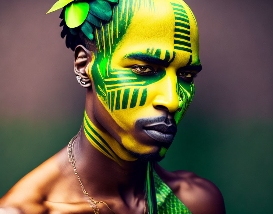 Person with Yellow and Green Face Paint Patterns and Leaf Hair Accessory on Blurred Background
