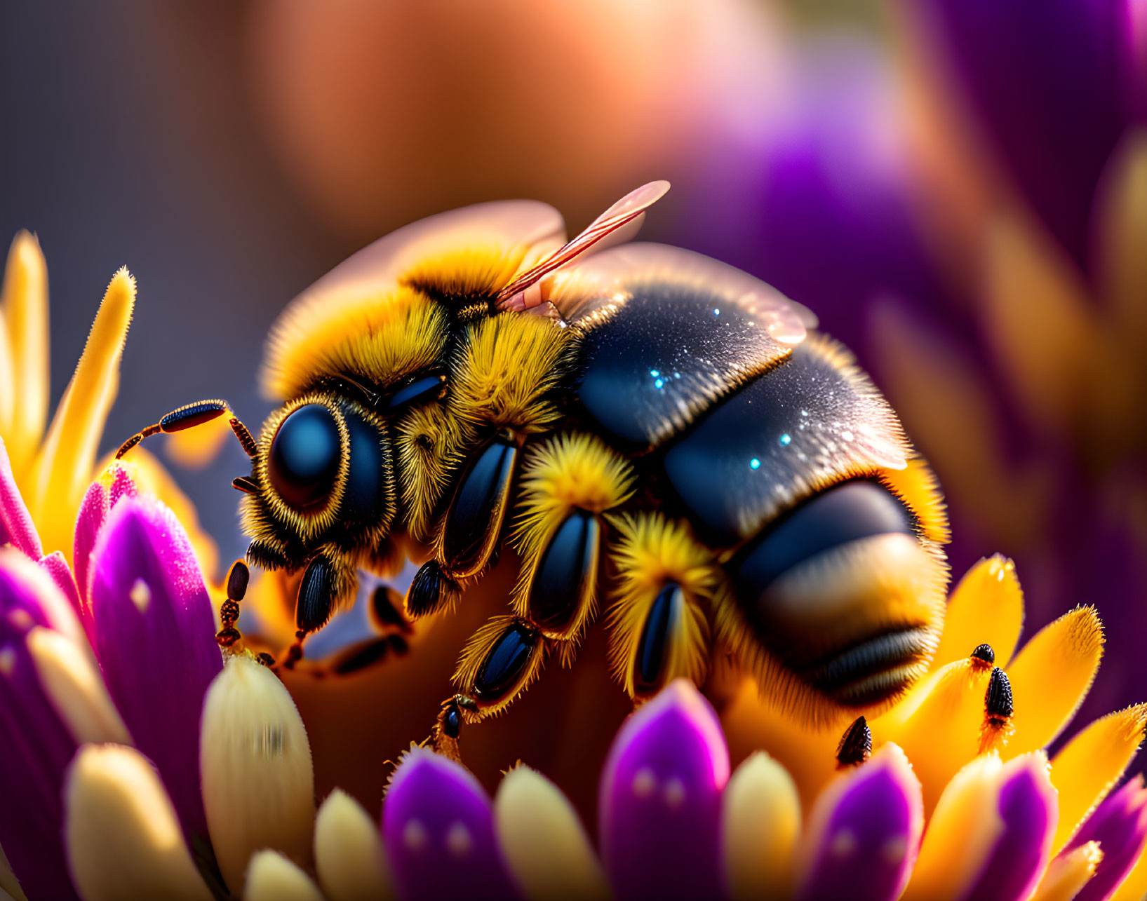 Macro shot of bee with translucent wings on purple and yellow flowers.