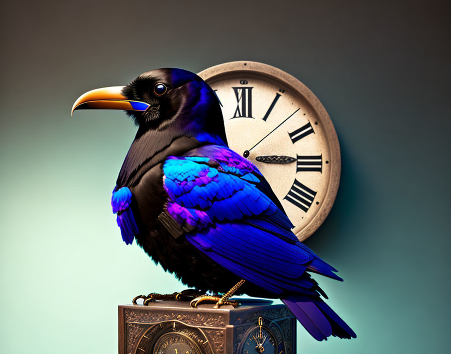 Iridescent blue and black bird on antique box beside Roman numeral clock