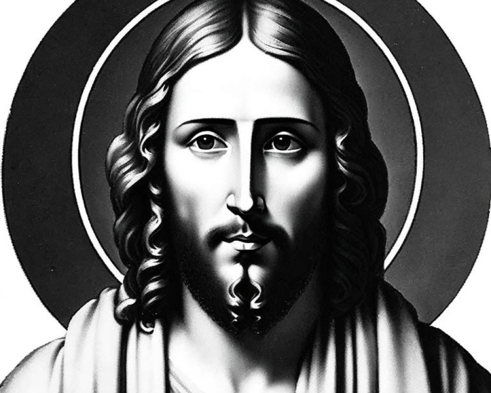 Monochromatic symbolic representation of a religious figure with long hair and a halo