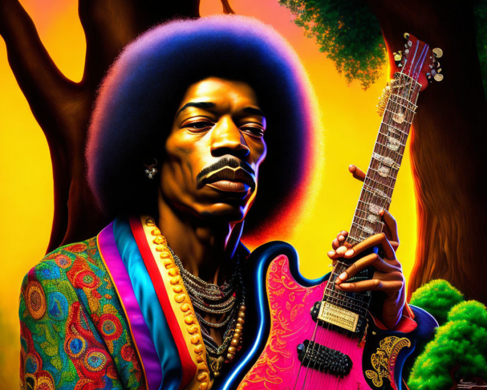 Vibrant Afro Man Illustration with Guitar and Psychedelic Background