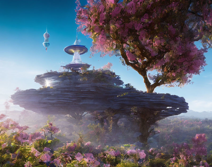 Floating rock with pink foliage and futuristic structures under clear sky
