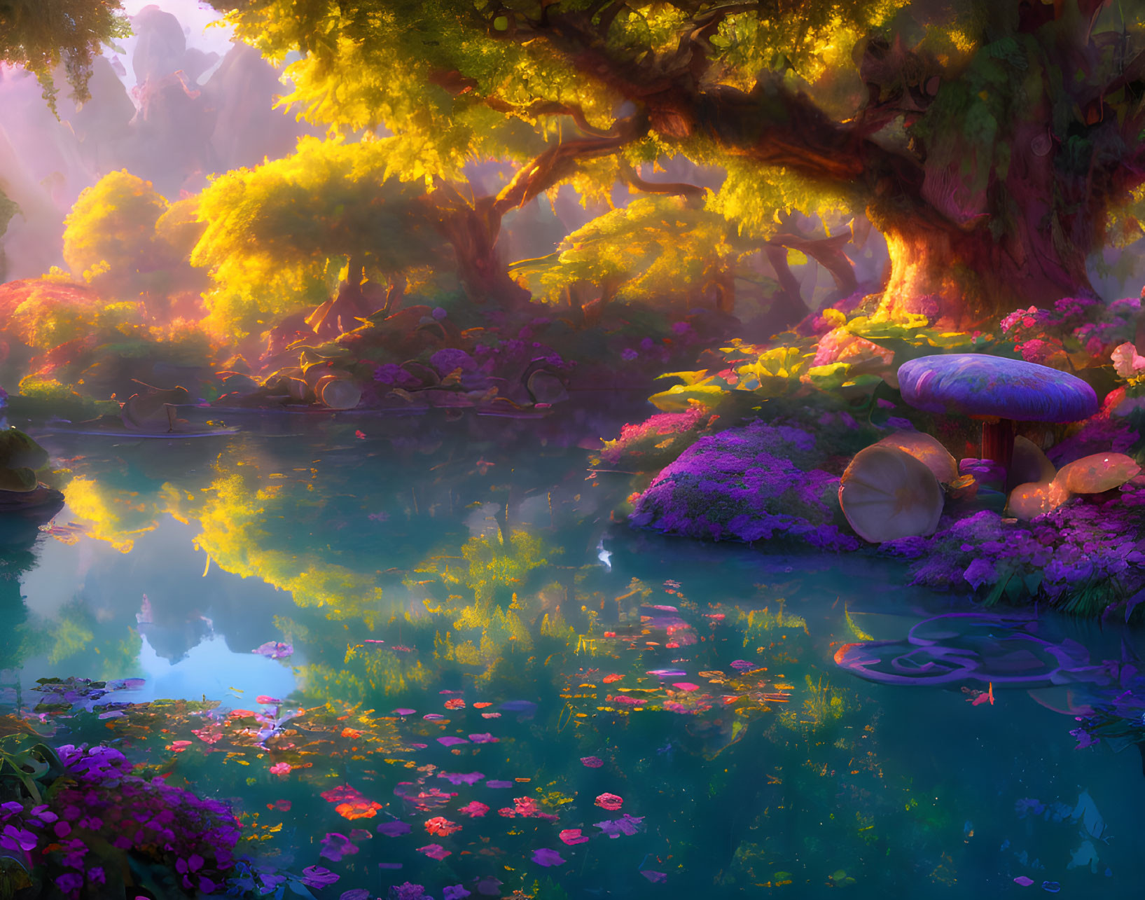 Colorful Fantasy Landscape with Serene Lake and Magical Tree Canopy