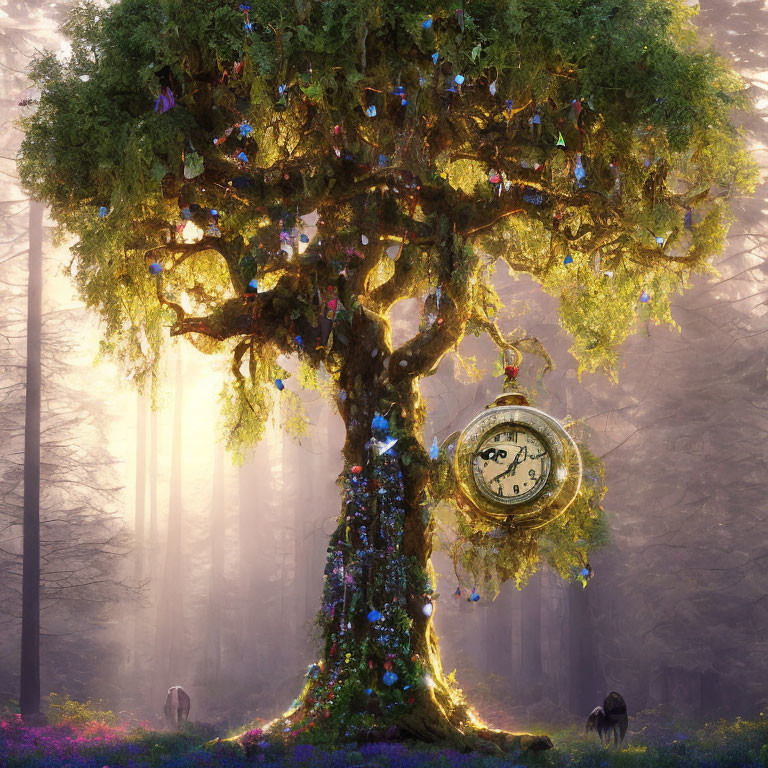 Enchanting forest scene with mystical tree, butterflies, wolves, and vintage watch