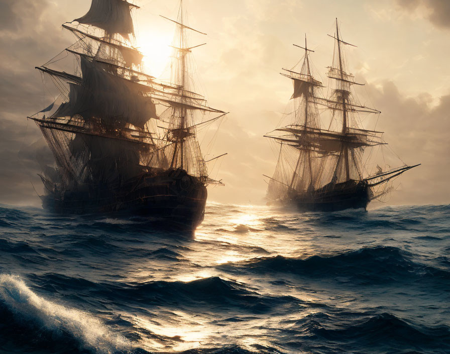 Majestic sailing ships in stormy seas at sunset with sunlight piercing clouds