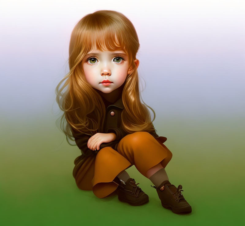 Child with doe eyes in brown dress on gradient background