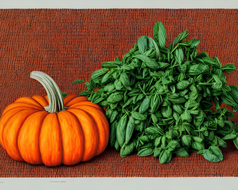 Colorful Pumpkin and Fresh Basil on Red Surface
