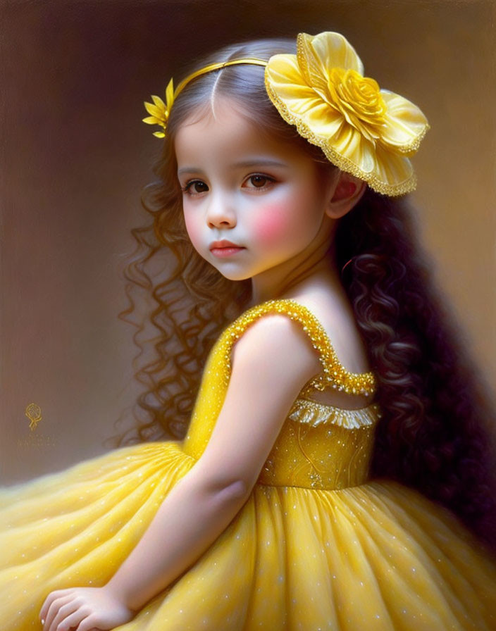 Young girl with long curly hair in yellow dress and floral hair accessory.