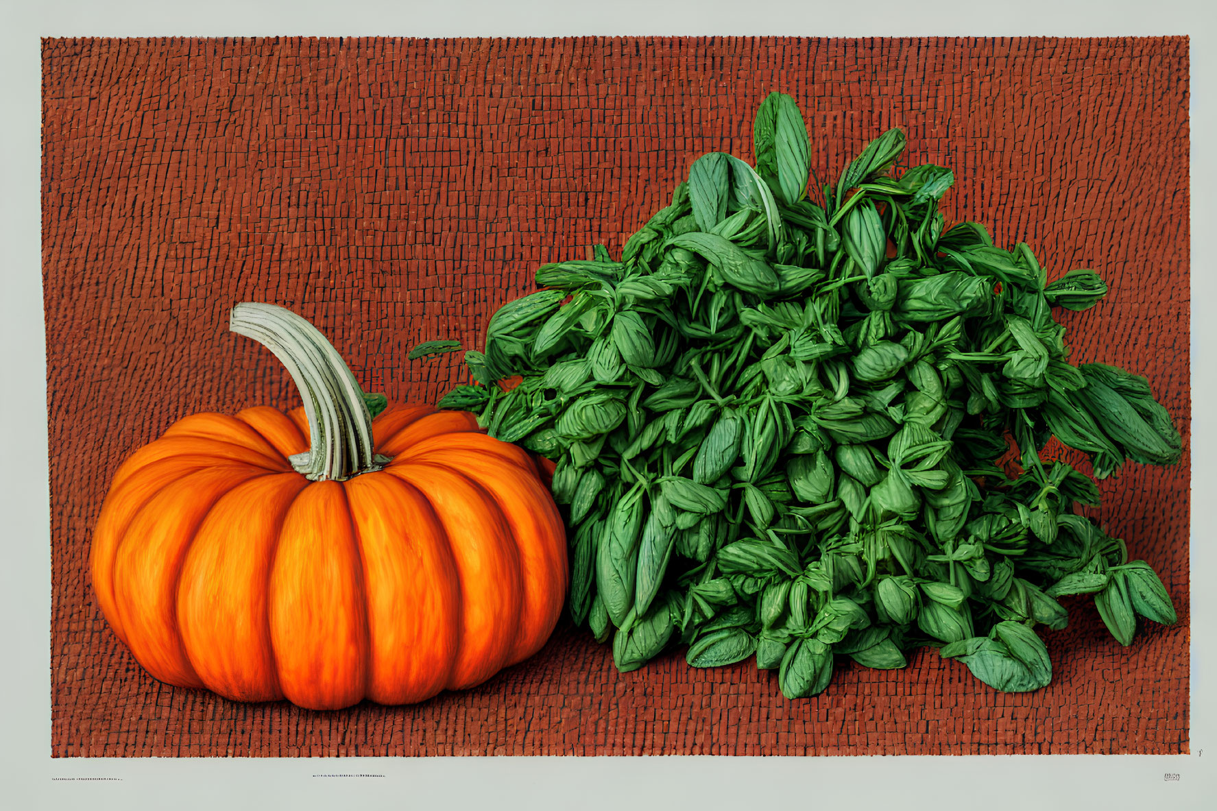 Colorful Pumpkin and Fresh Basil on Red Surface