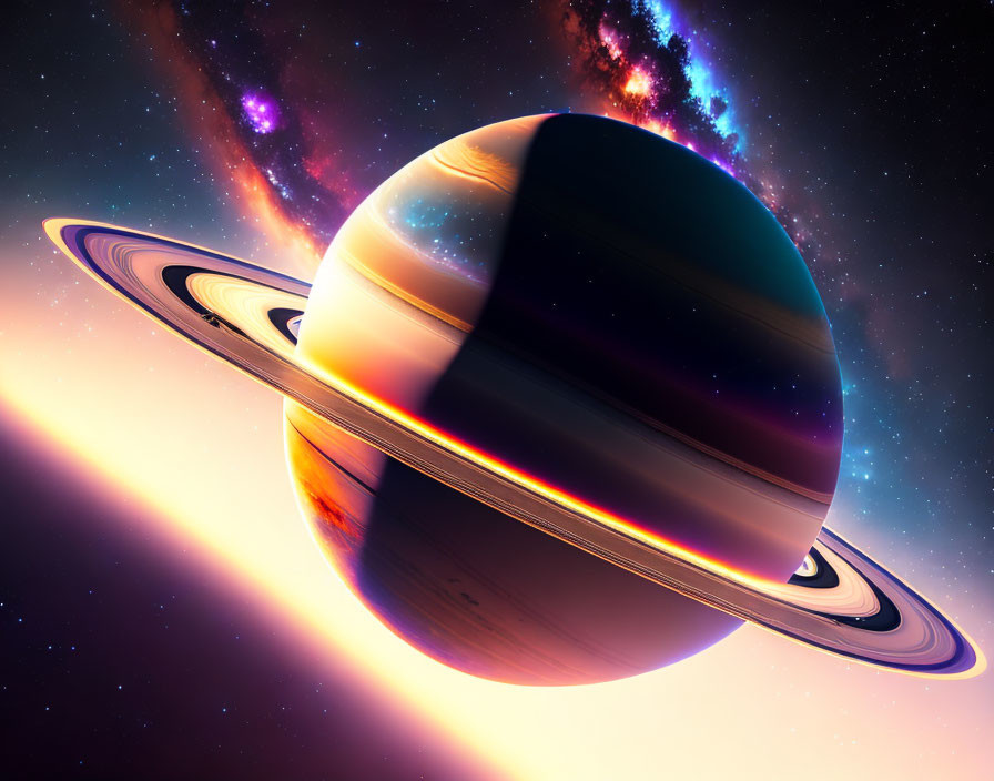 Colorful Saturn Illustration with Rings in Purple and Blue Cosmic Background