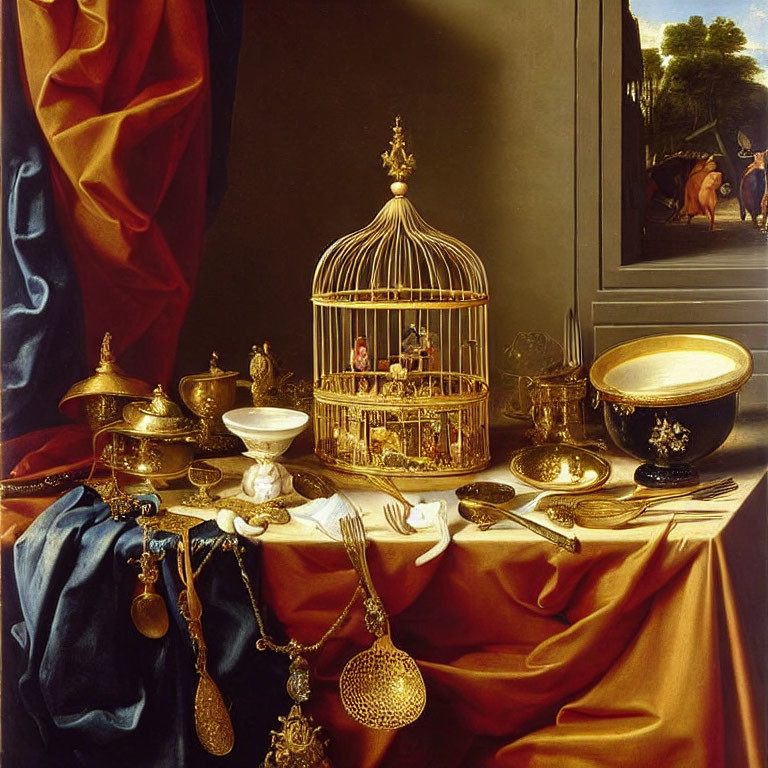 Golden birdcage with figure, ornate vessels, draped cloth, and horse painting in still life