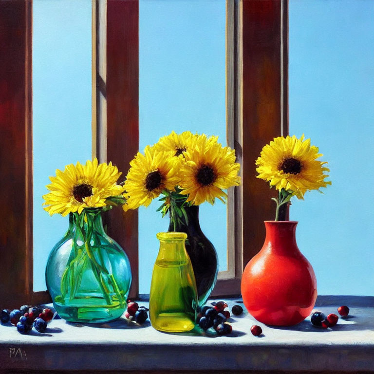 Vibrant sunflowers in colored glass vases with berries on a window ledge