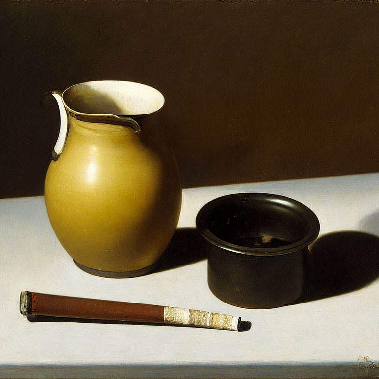 Brown jug, black bowl, smoking pipe in still life painting with stark light contrast