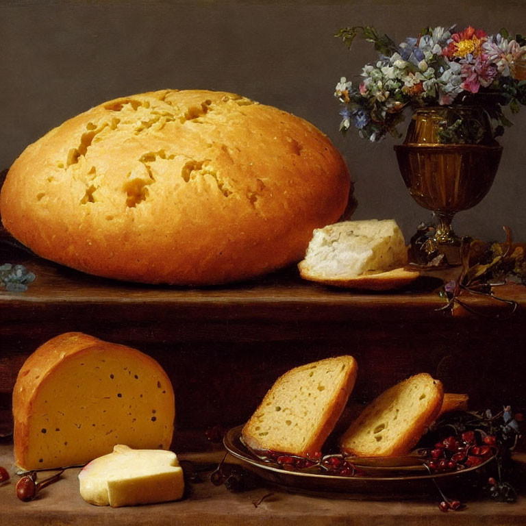Classic Still Life Painting with Bread, Cheese, Butter, Berries, and Floral Arrangement