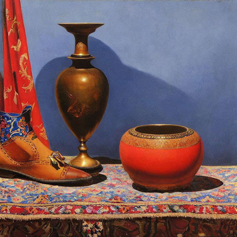 Ornate shoes, bronze vase, red bowl on Persian rug with blue background and red curtain
