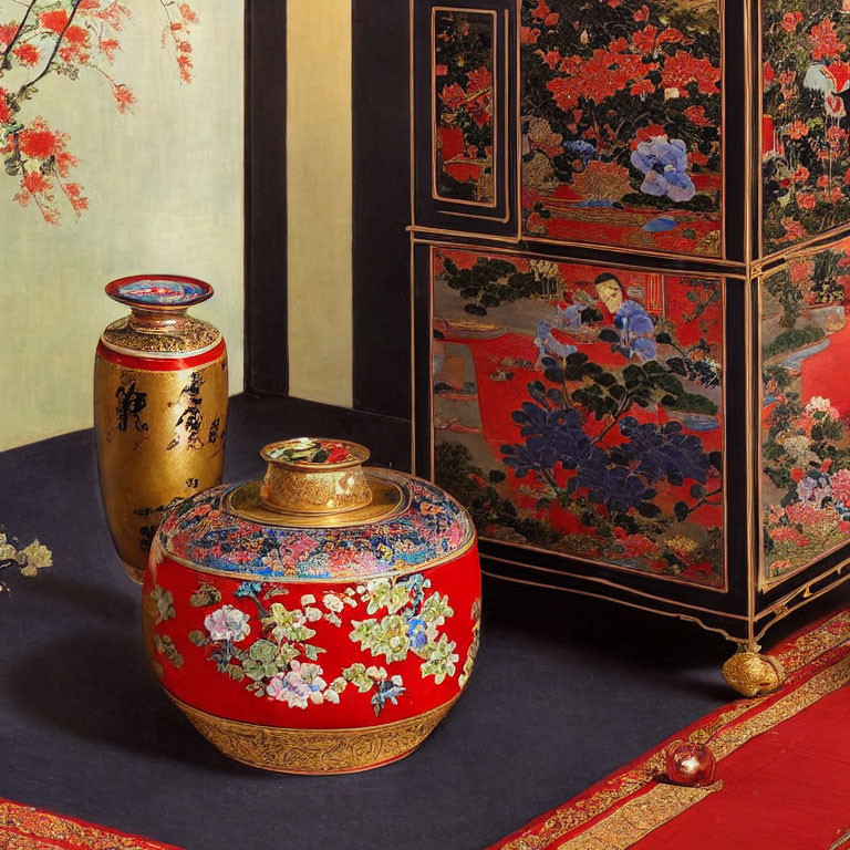Asian vases and gold-accented container on floral backdrop with folding screen