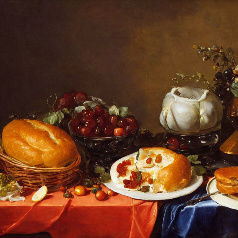 Baroque-style still life painting with bread, cherries, pie, pitcher, and fruits