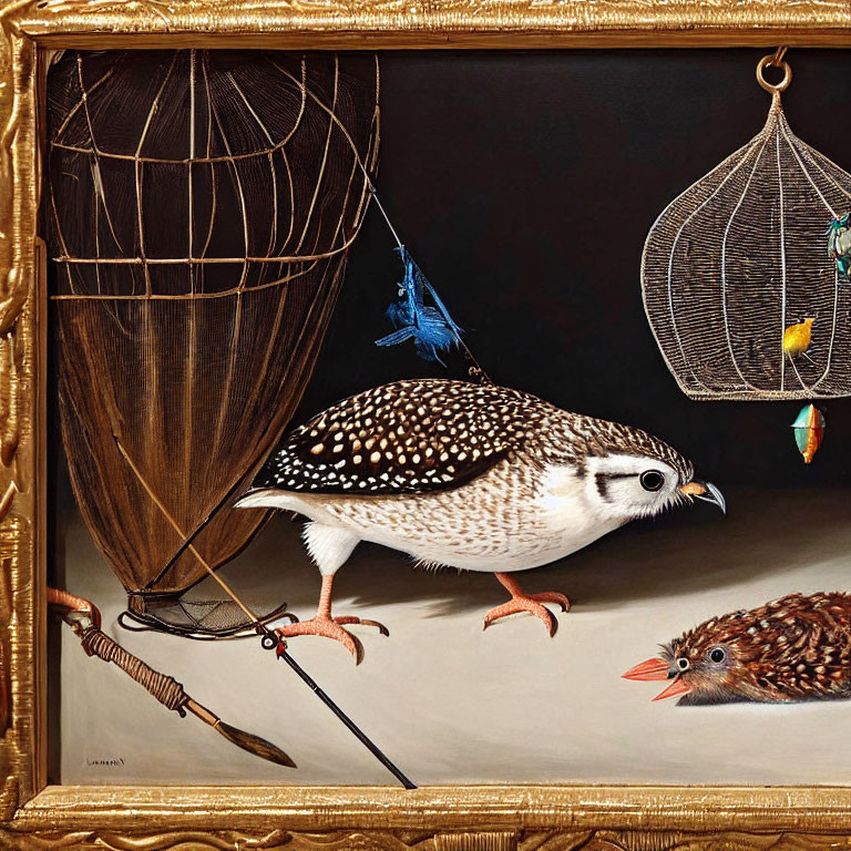 Surreal painting of bird with quill leg writing on another bird, fishing nets in background