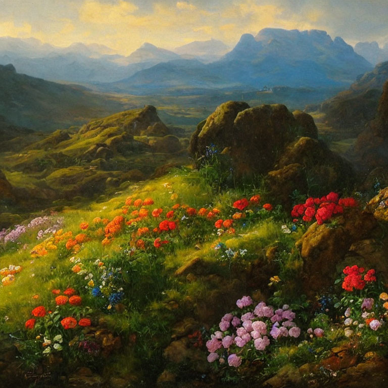 Vibrant wildflowers in lush landscape with hills and mountains