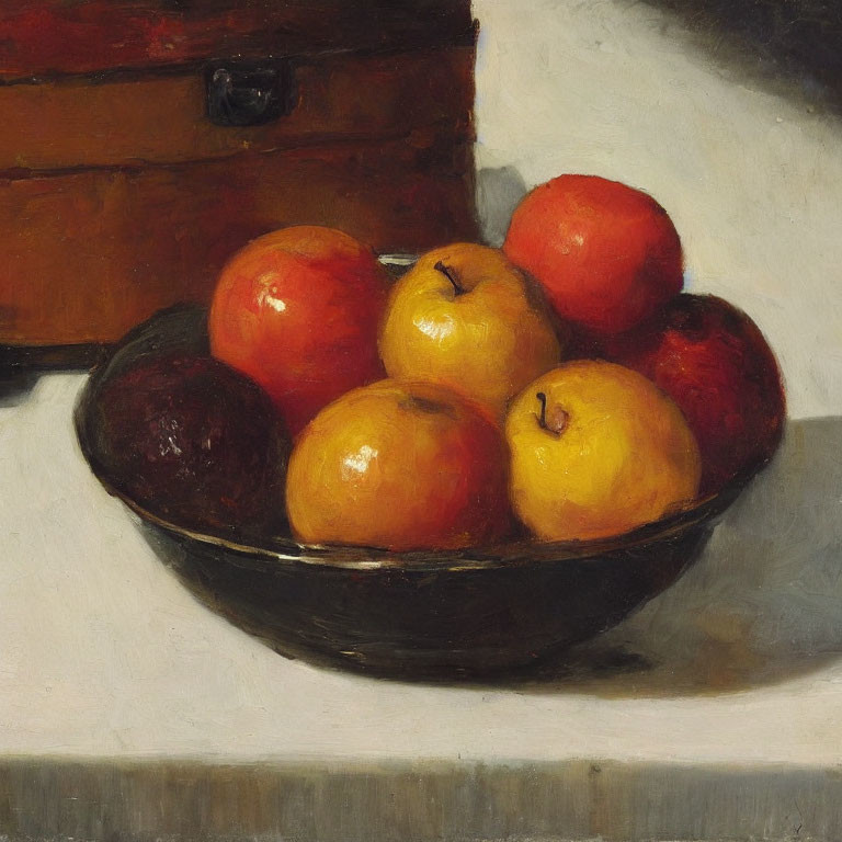 Realistic oil painting of fruit bowl with apples and plums on chest