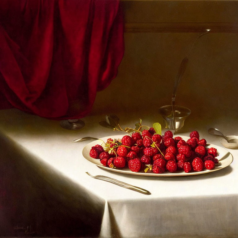 Classic Still Life Painting: Plate of Ripe Strawberries on Table with Silverware, Dark Red Curtain