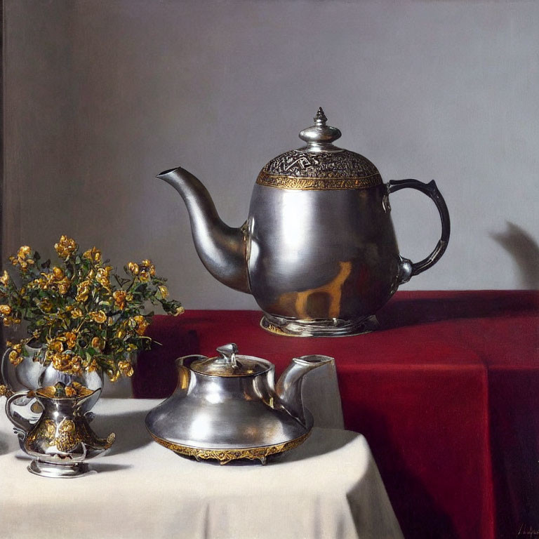 Silver teapot, sugar bowl, yellow flowers in vase on red tablecloth with grey backdrop