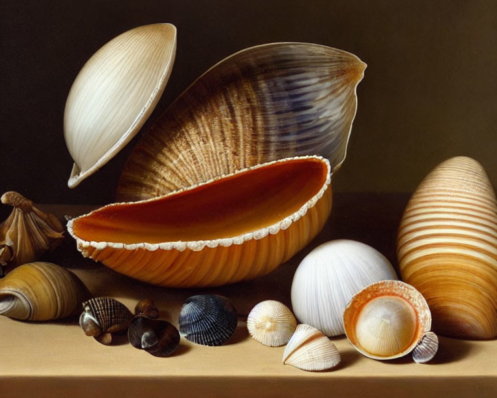 Realistic Still Life Painting of Various Seashells