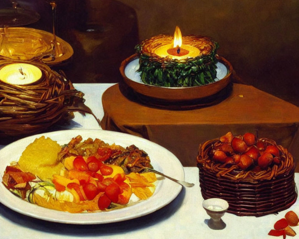 Classic Still Life Painting with Food, Candles, and Chestnuts