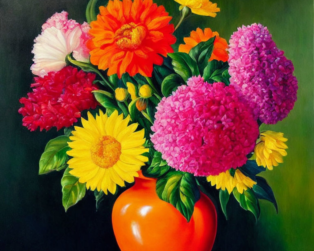 Colorful Flower Bouquet Still-Life Painting with Red Vase