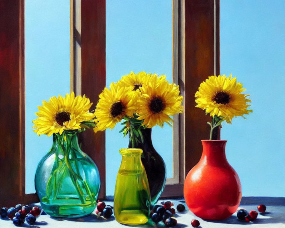 Vibrant sunflowers in colored glass vases with berries on a window ledge