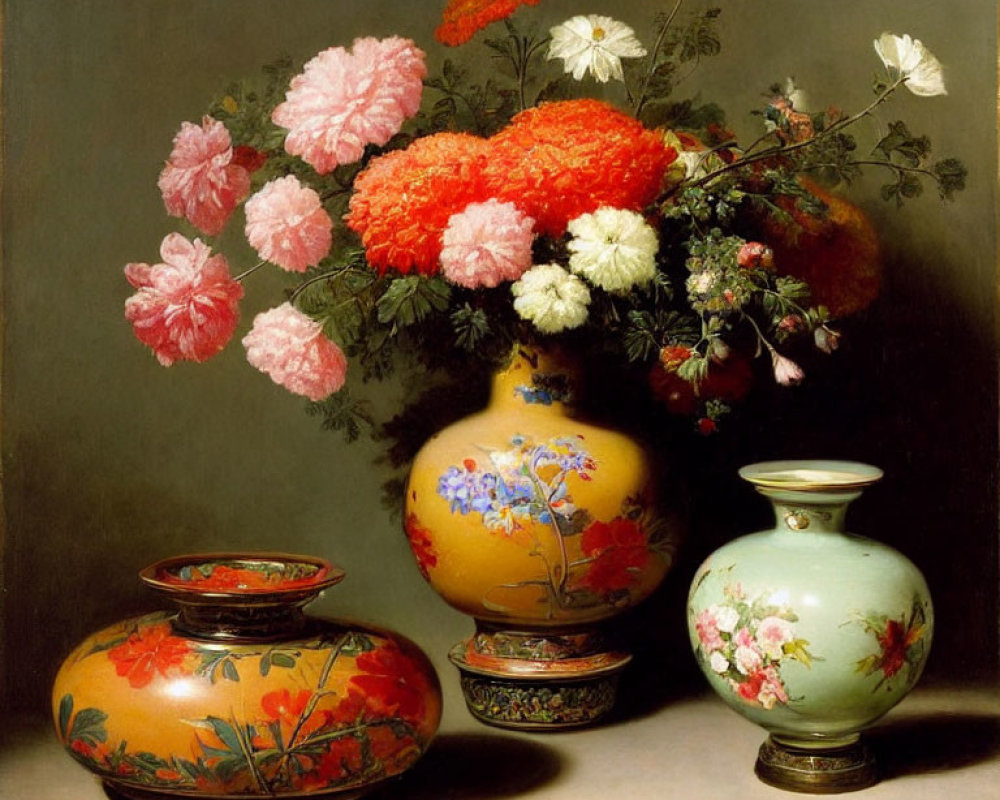 Colorful flower bouquet in round vase with ornate ceramic pots on table