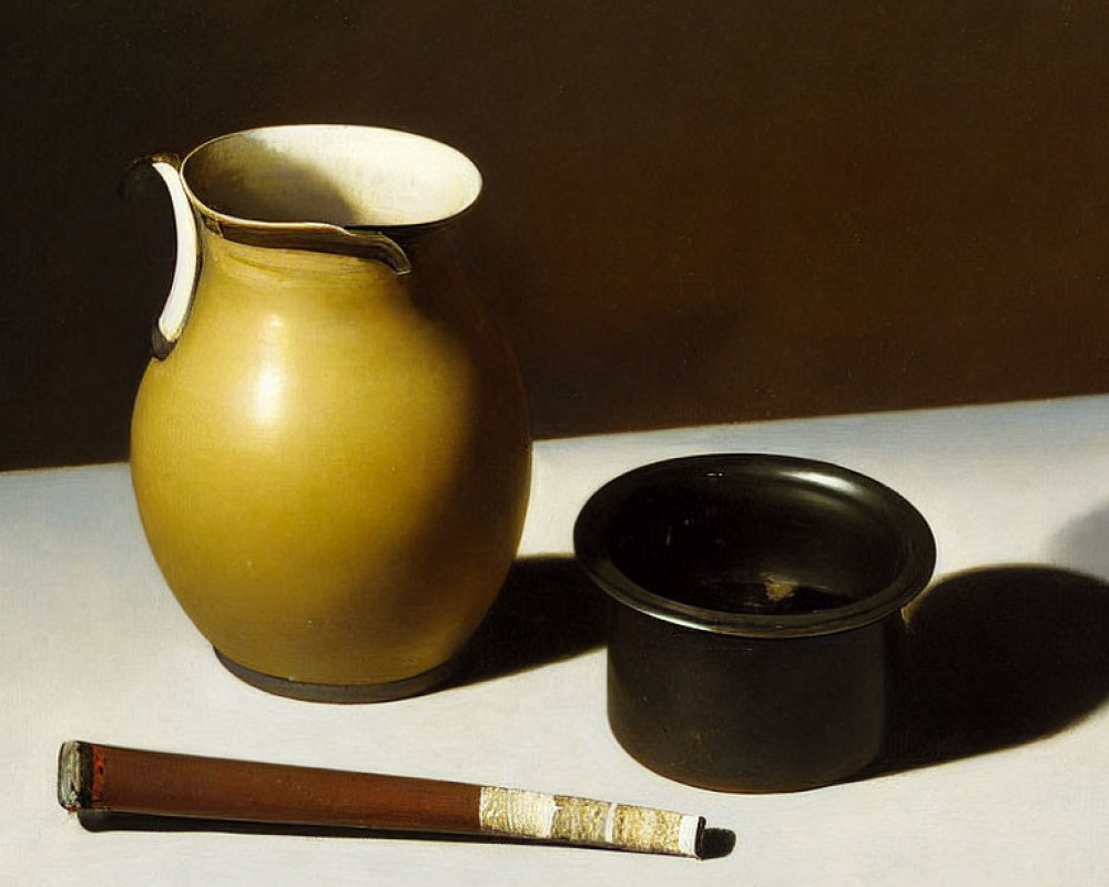 Brown jug, black bowl, smoking pipe in still life painting with stark light contrast
