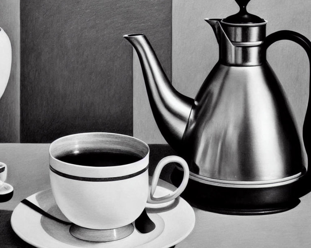 Monochrome still life with shiny teapot and coffee cup on table