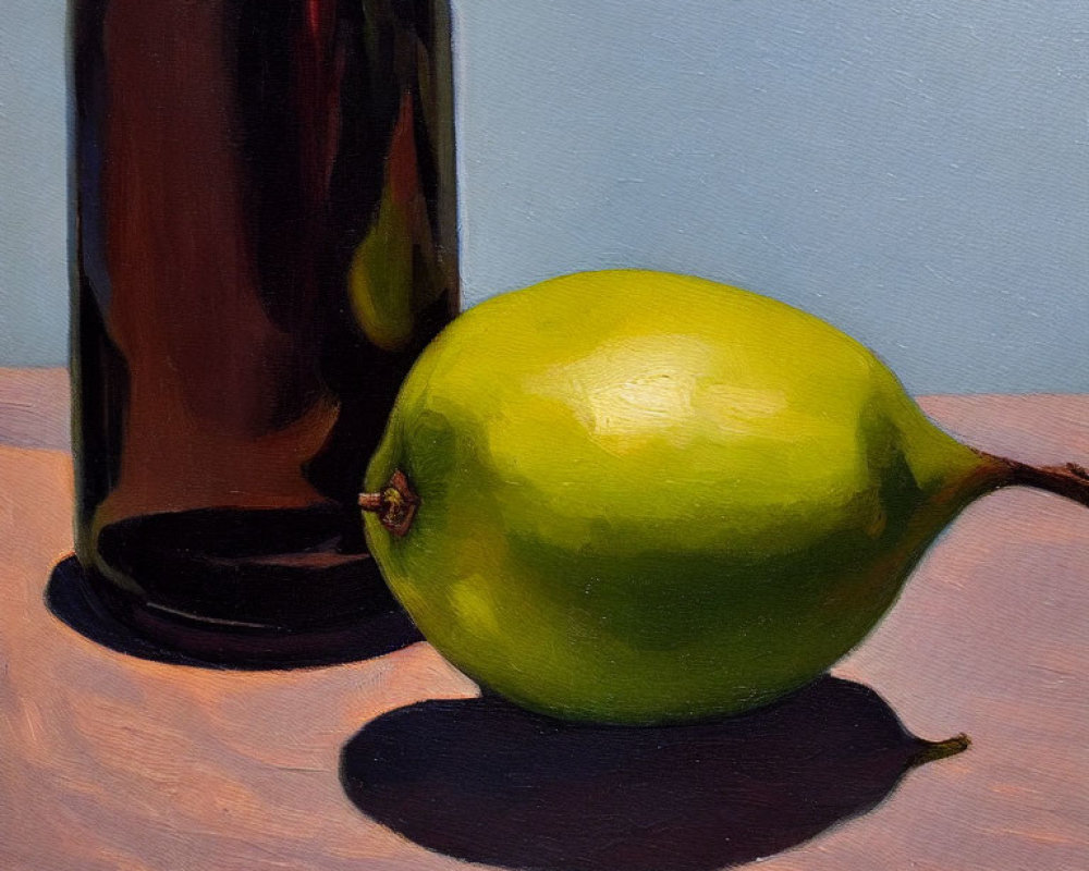 Luminous green pear and brown bottle on blue background with visible brush strokes
