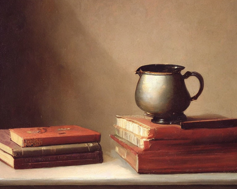 Classic Still Life Painting of Old Books and Metal Pitcher