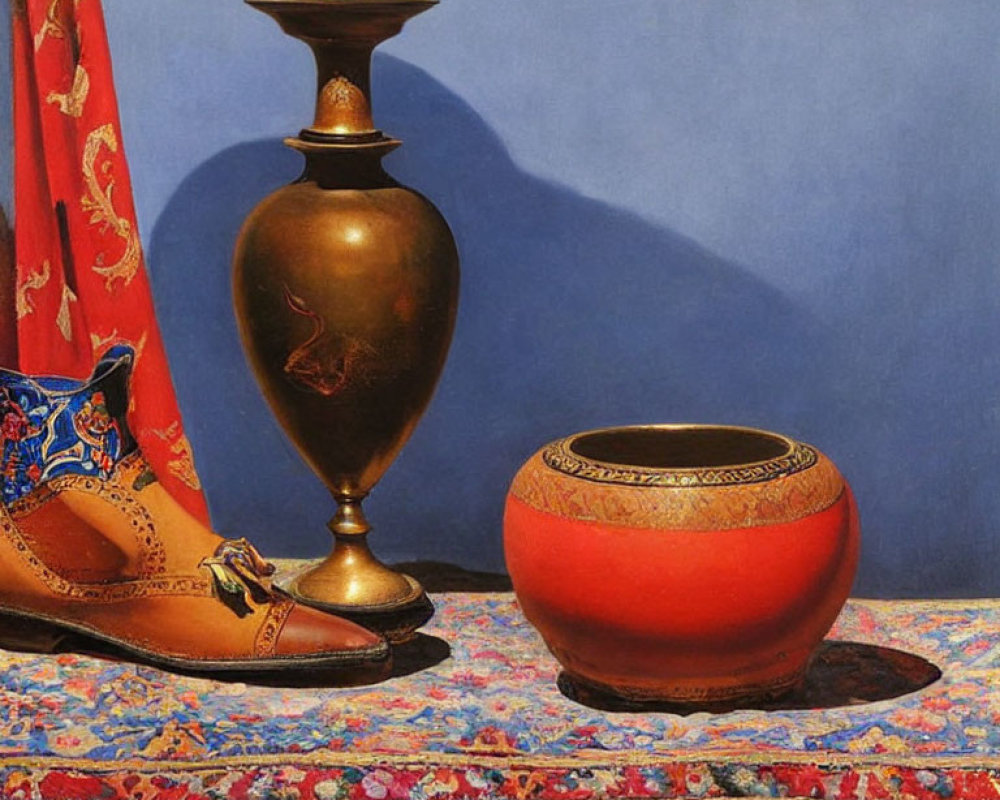 Ornate shoes, bronze vase, red bowl on Persian rug with blue background and red curtain