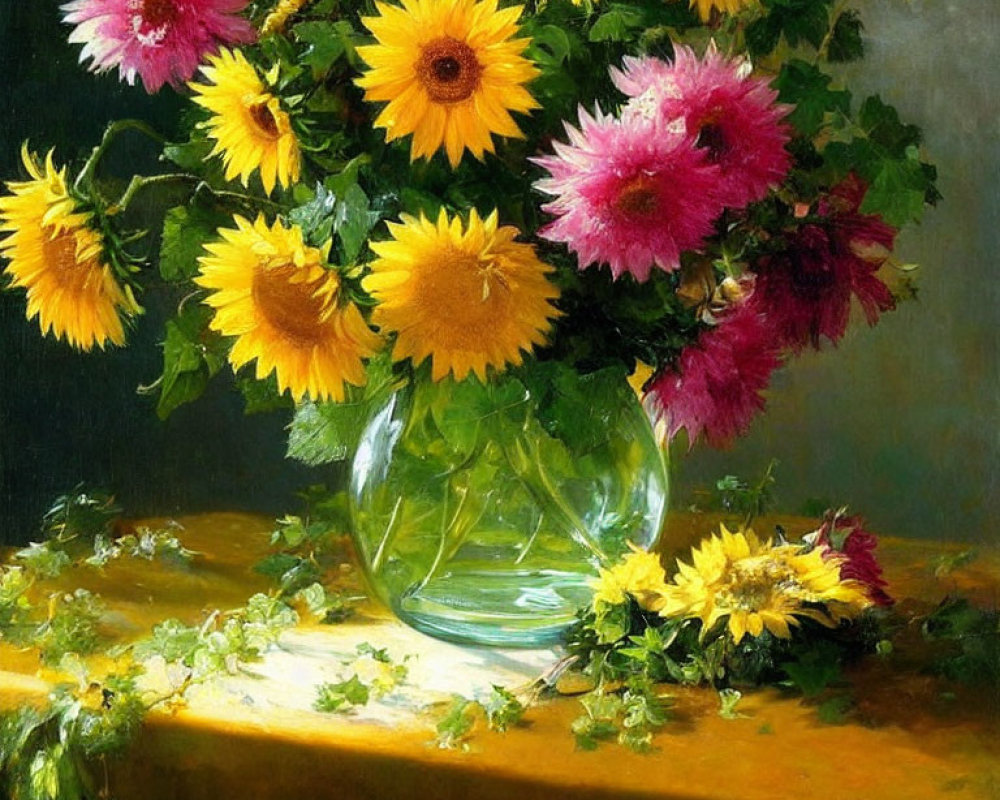 Vibrant still life painting of sunflowers and pink flowers in a transparent vase