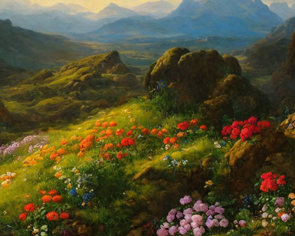Vibrant wildflowers in lush landscape with hills and mountains