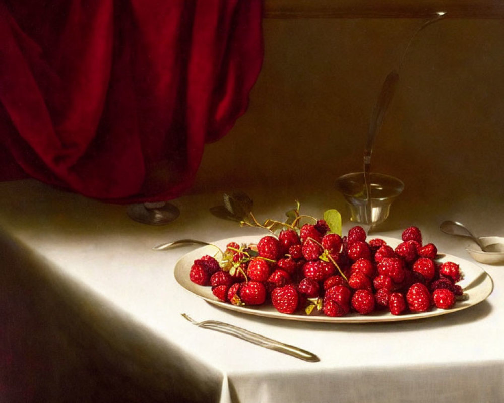 Classic Still Life Painting: Plate of Ripe Strawberries on Table with Silverware, Dark Red Curtain