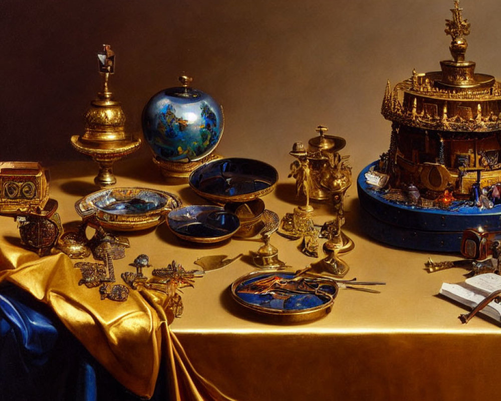 Luxurious Still Life Painting with Golden Fabrics, Goblets, Globe, Ship, and Tr