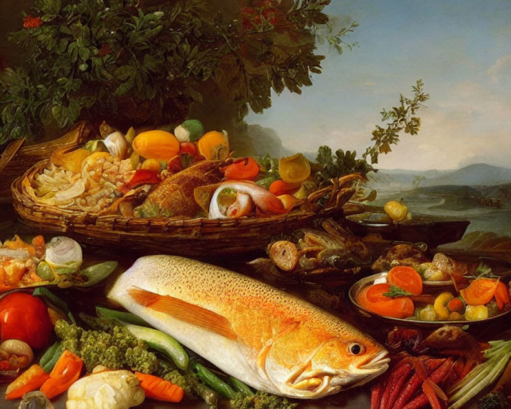 Classic Still Life Painting with Fish, Shellfish, and Vegetables