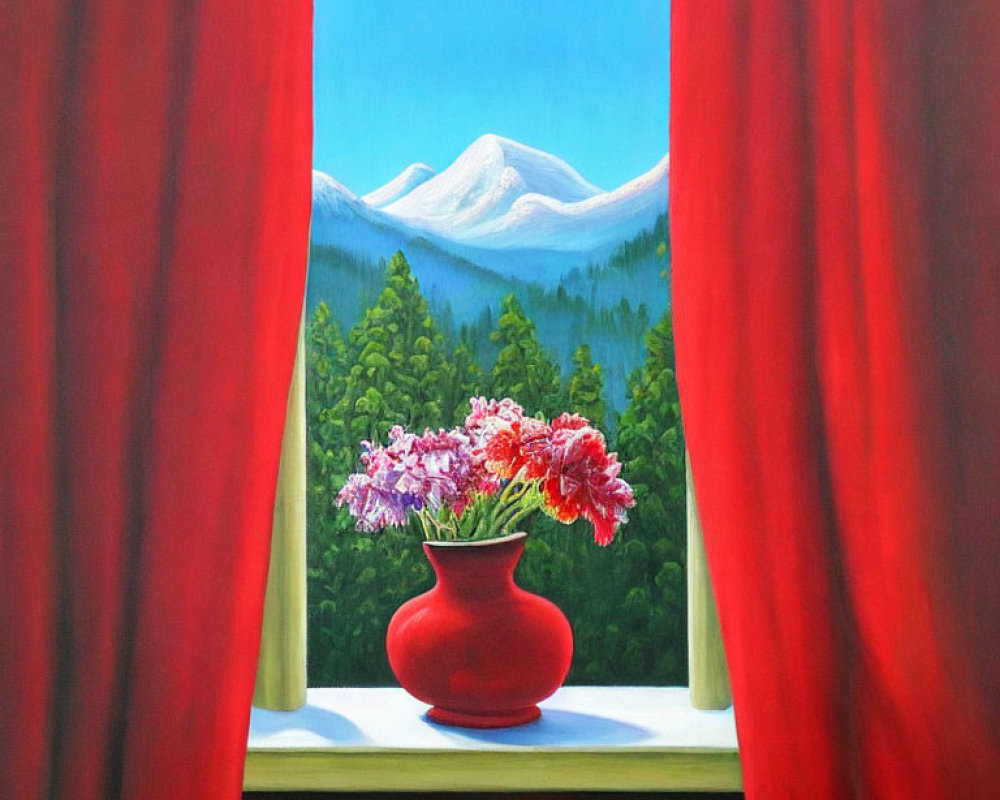 Colorful painting of red vase with flowers on windowsill, snowy mountain backdrop