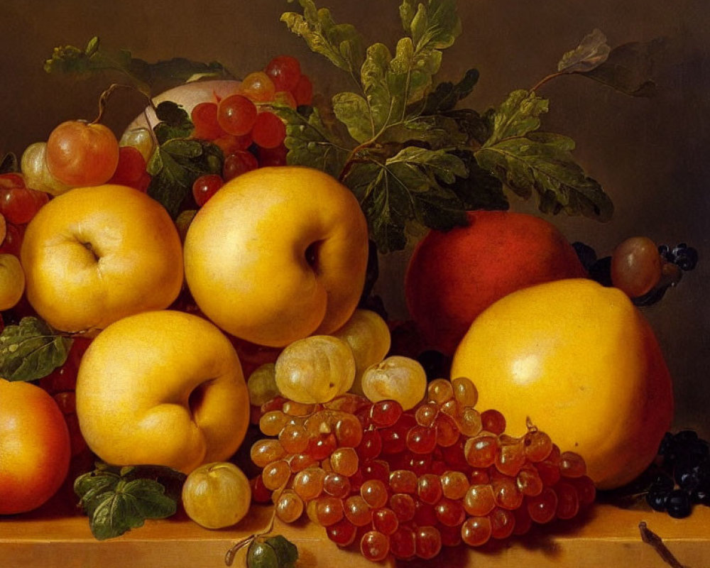 Assorted Fruits Still Life Painting on Wooden Surface
